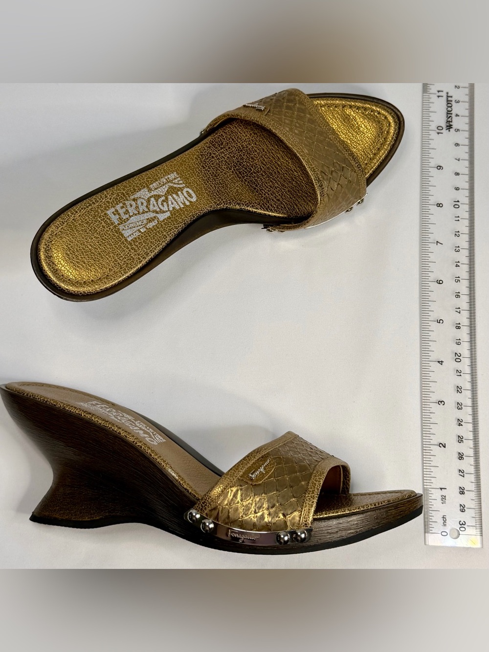 Salvatore Ferragamo Vintage metallic Bronze Leather Wedge Slide Mules w logo 8C - Picture 15 of 15